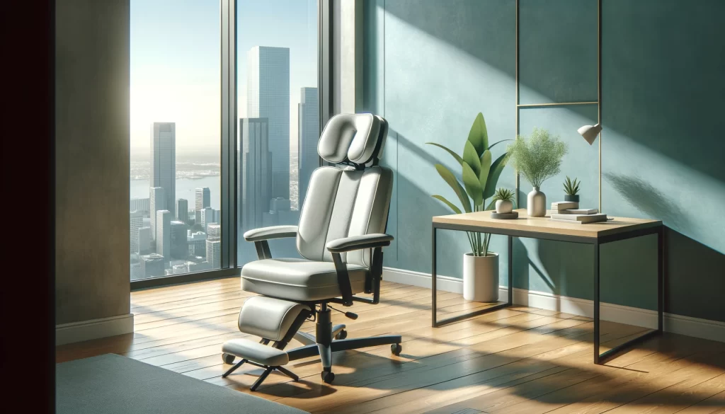 Modern office space with chair massage setup and city view for relaxation