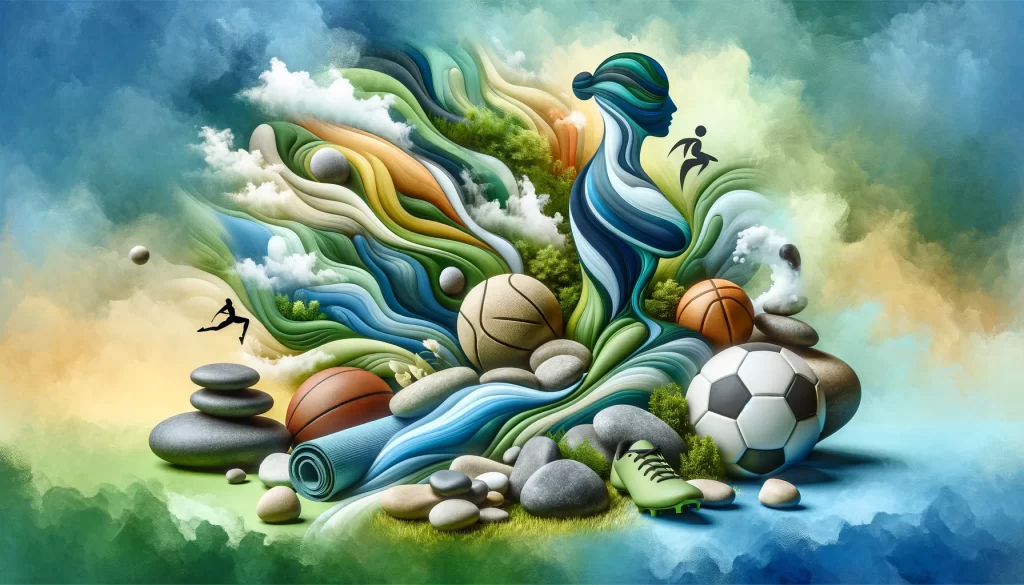 representation of sports massage therapy, showing a serene and harmonious blend of natural elements and sports imagery